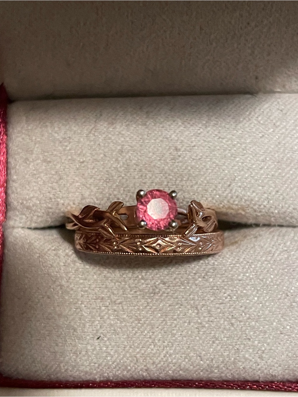 14k Rose Gold Pink Saaphire Gemstone Leaf Ring Set - Shane Co